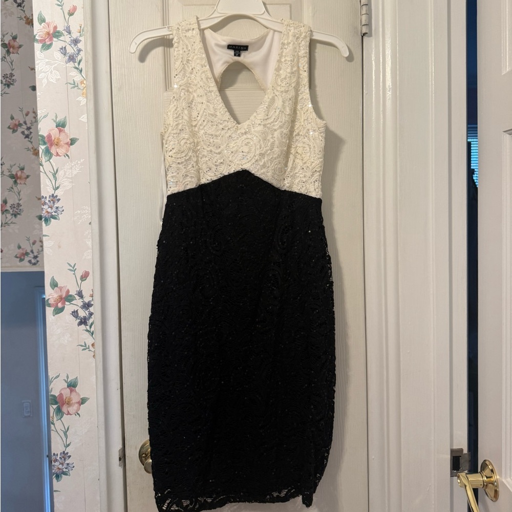 MARINA Black and White Textured Midi Dress